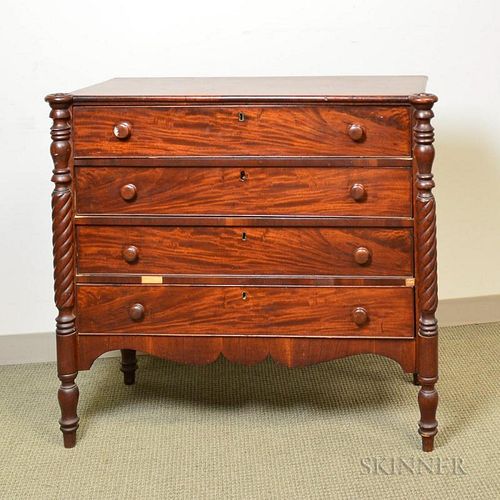 Late Federal Carved Mahogany and Mahogany Veneer Chest of Drawers, (imperfections), ht. 38, wd. 40, dp. 18 in.