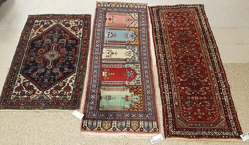 Two Hamadan Rugs and a Pakistani Saph, 6 ft. 6 in. x 2 ft. 6 in., 2 ft. 6 in. x 6 ft. 8 in., and 4 ft. 9 in. x 2 ft. 9 in.