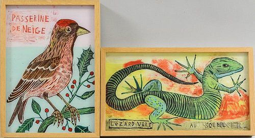 Two Framed Paintings Depicting Animals, Passerine de Neige and Lezard Vert Au Soleil, ht. to 16 3/4, wd. to 18 3/4 in.