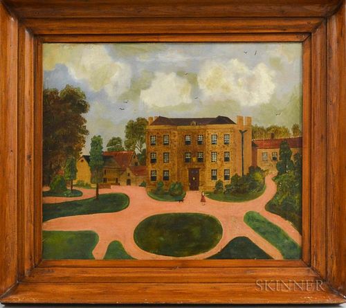 British School, 19th Century  Homestead with a Girl and Dog. Unsigned. Oil on canvas, 19 1/2 x 23 1/4 in., framed. Condition: