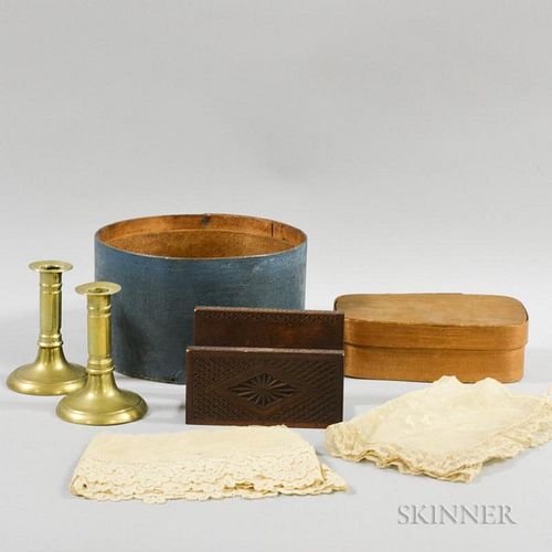 Small Group of Decorative Items, a pair of brass candlesticks, a blue-painted measure, a letter holder, a splint box, and two