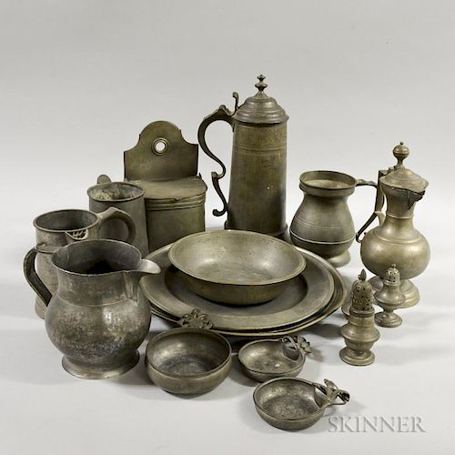 Seventeen Pewter Tableware Items, including a coffeepot, pitchers, tankards, porringers, and chargers.