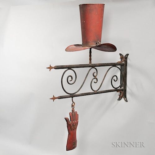 Painted Sheet and Wrought Iron Hatter's Trade Sign, ht. 34, lg. 35 1/2 in.