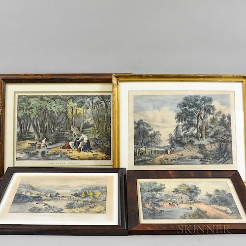Four Framed Currier & Ives Engravings, The Lucky Escape, The Bridge At The Outlet, The Roadside Mill, and The Sweet Spring Ti