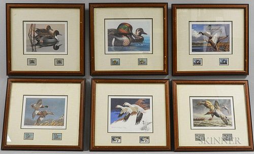 Six Framed Duck Prints with Stamps, Plasschaert, Murk, two Maass, Michaelsen, and Scholer, ht. 17, wd. 18 1/4 in.