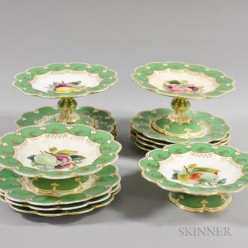 Fifteen Pieces of Fruit-decorated Porcelain Tableware, eleven plates and four compotes.