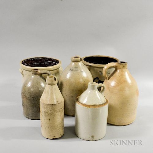 Seven Stoneware Vessels, including an A.K. Pallard cobalt-decorated two-gallon crock, ht. to 12 in.