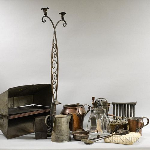 Group of Metal Domestic Items, including a roaster oven, a betty lamp, and a hammered copper chamberstick.