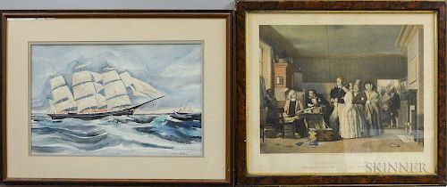 Two Framed Works, a watercolor of two sailing vessels, signed "Jean Tallman," and a Thielley engraving Un Mariage Civil Aux E