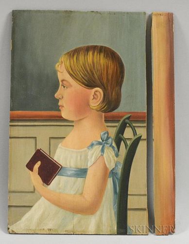 American School, 19th Century  Portrait of a Girl with a Book. Unsigned. Oil on board, 14 1/2 x 10 1/2 in., unframed. Conditi