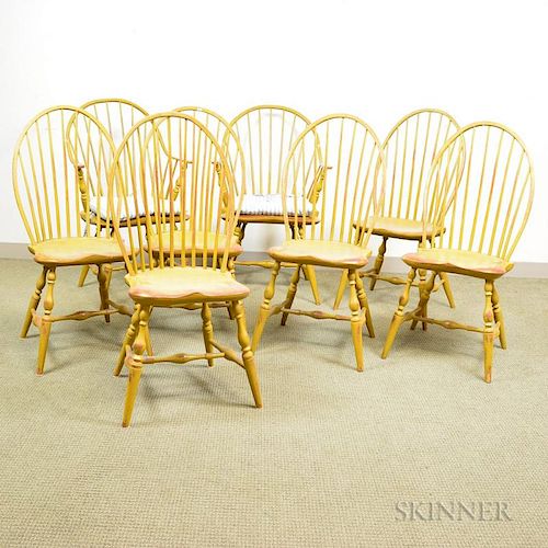 Set of Eight George Ainley Reproduction Yellow-painted Windsor Chairs, Perkinsville, Vermont, two continuous-arm and six bow-