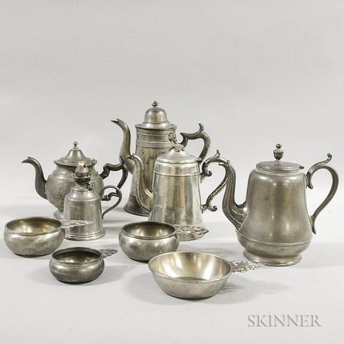 Nine American Pewter Items, including a Danforth teapot.