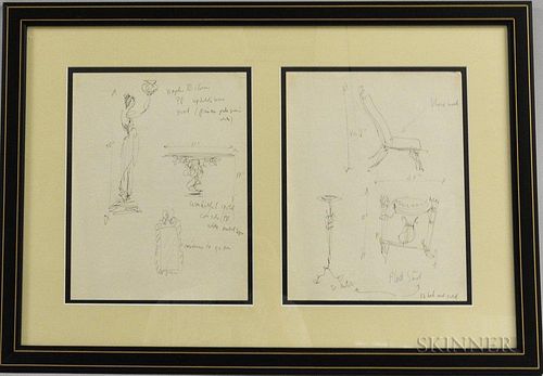 Two Framed Raoul Pene Du Bois (American, 1911-1985) Stage Design Pen and Ink Sketches, ht. 17 3/4, wd. 26 in.