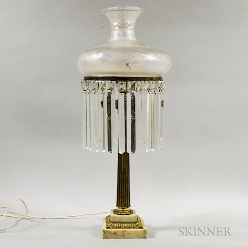 Brass and Etched Glass Astral Lamp, ht. 31, dia. 12 1/2 in.