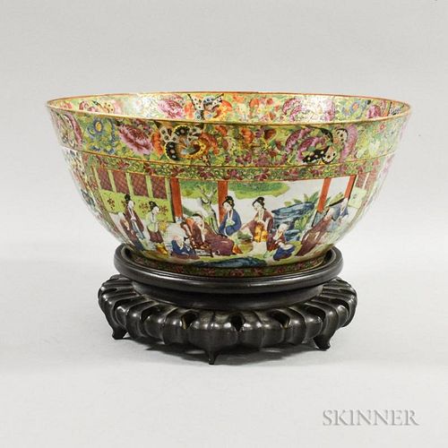Large Famille Rose Porcelain Punch Bowl with Stand, (restoration), ht. 7, dia. 15 1/2 in.