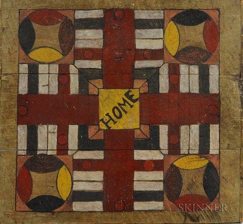 Paint-decorated Pine Parcheesi Game Board, ht. 22 1/2, wd. 24 1/2 in.