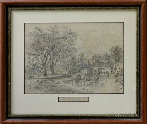 Framed Pencil Drawing Toll Gate Jamaica L.I., 19th century, sight size 9 1/2 x 13 1/4 in.
