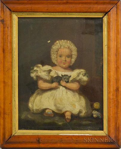 Continental School, 19th Century  Portrait of a Girl Holding a Cat. Unsigned. Oil on canvas on board, 12 1/2 x 9 1/4 in., fra