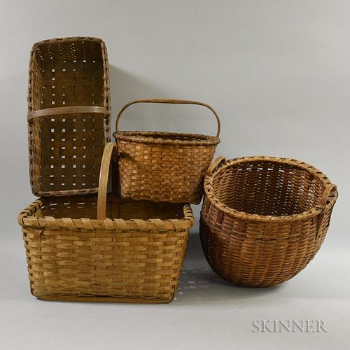 Four Woven Splint Baskets, possibly Shaker, ht. to 15 in.