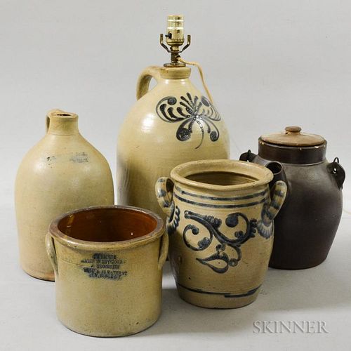 Five Stoneware Items, including a cobalt- and sgraffito-decorated jar, and a small cobalt-decorated crock impressed "G.W. Pri