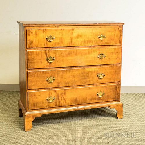 Tiger Maple Chest of Four Drawers, with dovetailed base, probably a chest-on-chest base, ht. 40 in.