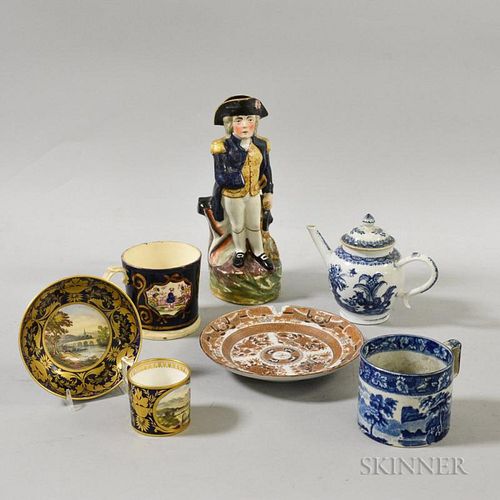 Seven English and Chinese Export Ceramic Items, including a Staffordshire jug of an admiral, a polychrome transfer-decorated