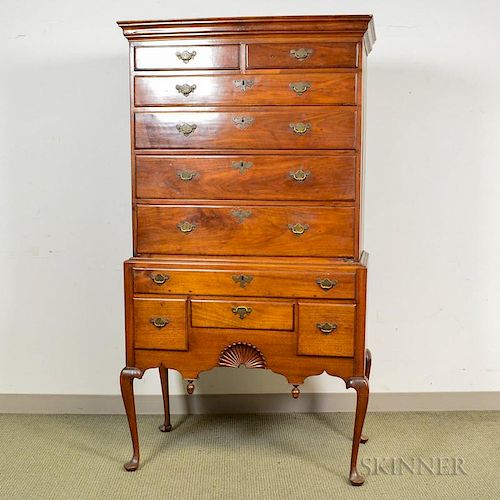 Queen Anne Walnut Fan-carved High Chest of Drawers, top and bottom likely of different origin, ht. 68 1/2 in.