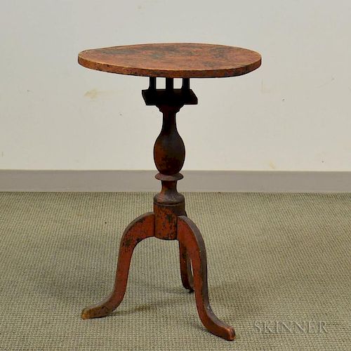 Painted Pine Stand, early 19th century, circular top on a birdcage support, and turned post on a high tripod shaped leg base.