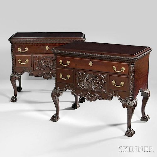 Rare Pair of Carved Mahogany Dressing Tables, Wallace Nutting, Framingham, Massachusetts, c. 1944, branded "WALLACE NUTTING"