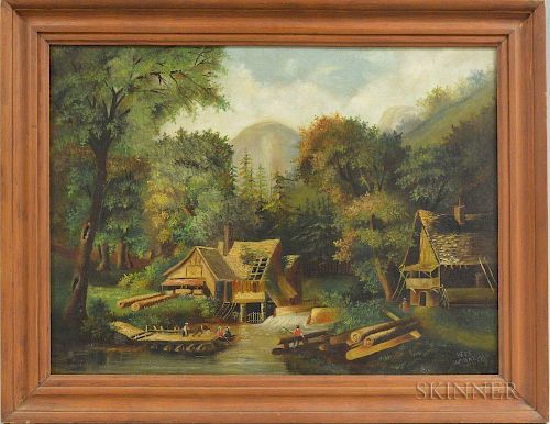 Framed Oil on Canvas Depiction of a Lumber Mill After William Bartoll, ht. 22, wd. 28 1/4 in.