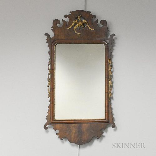 Chippendale Carved and Parcel-gilt Walnut Scroll-frame Mirror, 18th century, (imperfections), ht. 38, wd. 19 1/4 in.