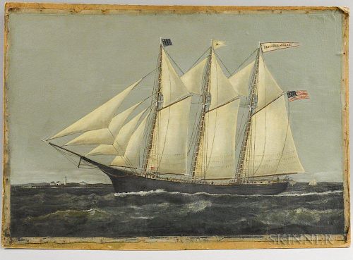 Attributed to William P. Stubbs  Three-masted Vessel Jennie R. Morse.  Unsigned.  Oil on canvas laid down onto artist b...