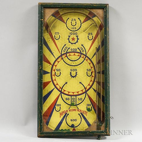 Early Lithographed Wood and Glass Pinball Game, early 20th century, ht. 26, wd. 13 3/4 in.