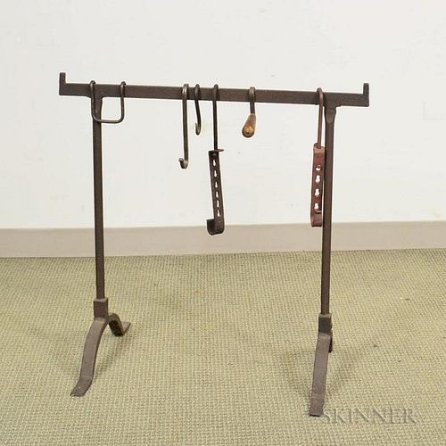 Wrought Iron Trestle-base Rack and Six Hooks and Trammels, ht. 30, wd. 30 in.