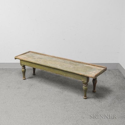 Green-painted Turned Pine Bench, ht. 14, wd. 48 3/4, dp. 12 1/2 in.