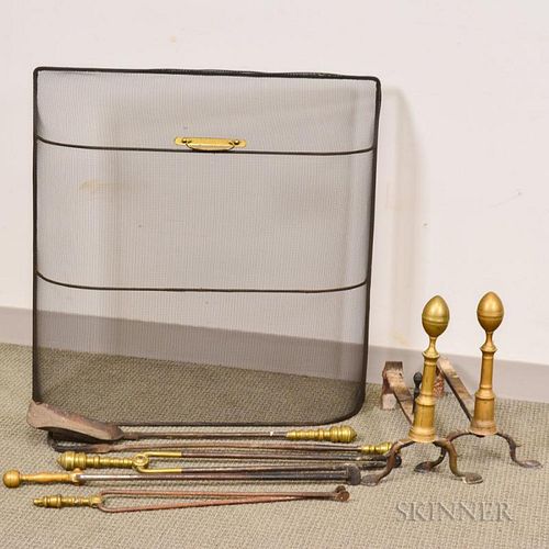Group of Fireplace Accessories, a wire firescreen, a pair of lemon-top andirons, a shovel, three pairs of tongs, and a poker.