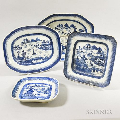 Four Canton Porcelain Trays and Platters, (imperfections), lg. to 17 in.