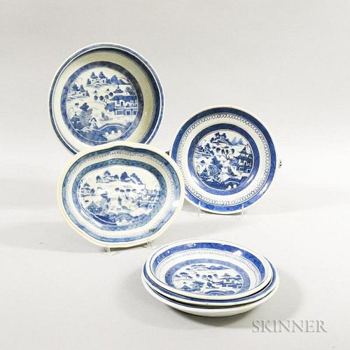 Six Canton Porcelain Dishes, (imperfections), lg. to 10 1/4 in.