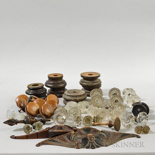 Group of Glass and Wood Hardware, including turned wood feet and pressed glass pulls.