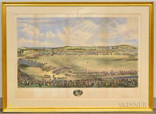 Framed Endicott & Co. Hand-colored Lithograph Review of the Mass. Volunteer Militia, sight size 29 x 43 in.