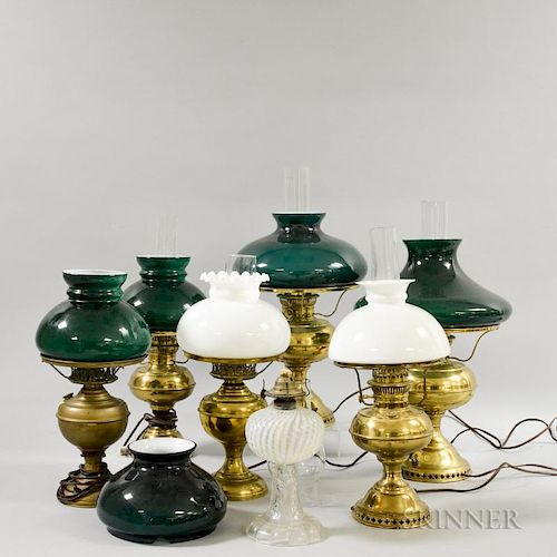 Six Brass Kerosene Lamps and a Pressed Glass Lamp.