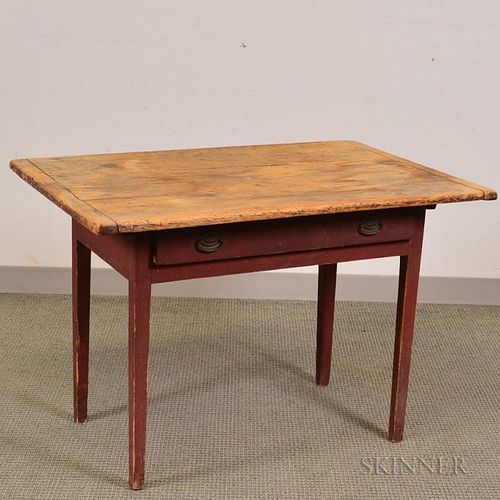 Federal Red-painted Pine One-drawer Tavern Table, 19th century, ht. 27, wd. 40, dp. 27 1/2 in.