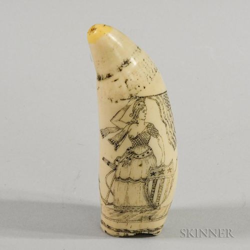 Cast and Carved Resin Reproduction Scrimshaw Whale's Tooth, signed "A.T. Moger," lg. 6 1/2 in.