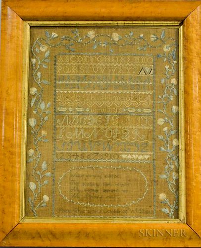 Framed Needlework Sampler, 1813, wrought in silk with ten rows of alphabets and numbers and a floral border, ht. 21 1/2, wd.