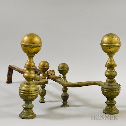 Pair of William Hunneman Brass Belted Ball-top Andirons, Boston, early 19th century, ht. 15 in.