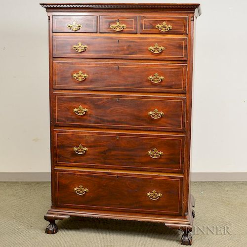 Chippendale Inlaid Walnut Tall Chest, (restoration), ht. 65 1/2, wd. 43, dp. 23 1/4 in.