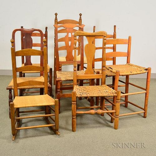 Eight Country Side Chairs, two Queen Anne, a transitional Chippendale, and five ladder-back.