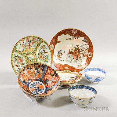 Group of Asian Export Ceramic Items, including famille rose and Canton ginger jars mounted as lamps, and an Imari bowl.