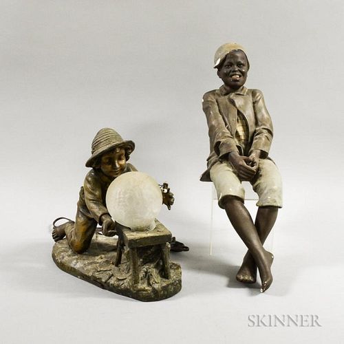 Cast Metal Lamp of a Boy and a Plaster Figure of a Boy, (imperfections), ht. to 23 in.