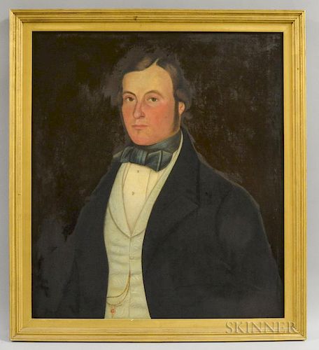American School, 19th Century  Portrait of a Man. Unsigned. Oil on canvas, 25 1/2 x 22 1/2 in., framed. Condition: Inpainting